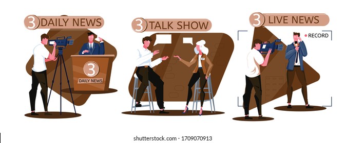 News tv set of three flat compositions with daily live news and talk show hosts guests vector illustration