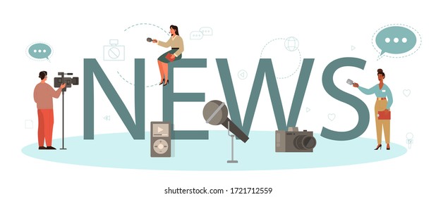 News typographic header concept. TV reporter with microphone. Mass media profession. Newspaper, internet and radio journalism. Vector illustration in cartoon style