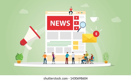 News Update Concept With Team People And Website Page Design And Notifications Updates Symbol Icon With Modern Flat Style - Vector 