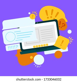 News update, flat vector design with modern elements isolated on bright background. Urgent news in popular media. Laptop screen with important information for people