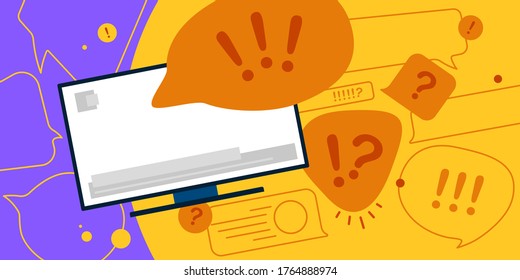 News update, flat vector design with modern elements isolated on bright contrast yellow and violet background. Urgent news in popular media. TV screen with important information for people