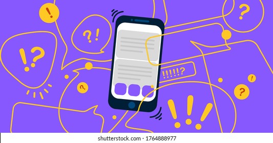 News update, flat vector design with modern elements isolated on bright  violet background. Urgent news in popular media. Smartphone screen with important information for people