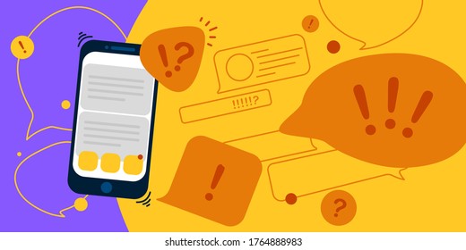 News update, flat vector design with modern elements isolated on bright contrast yellow and violet background. Urgent news in popular media. Smartphone screen with important information for people