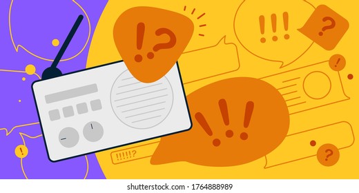 News update, flat vector design with modern elements isolated on bright contrast yellow and violet background. Urgent news in popular media. Radio podcast with important information for people. 