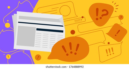 News update, flat vector design with modern elements isolated on bright contrast yellow and violet background. Urgent news in printed media. Fresh newspaper with important information for people