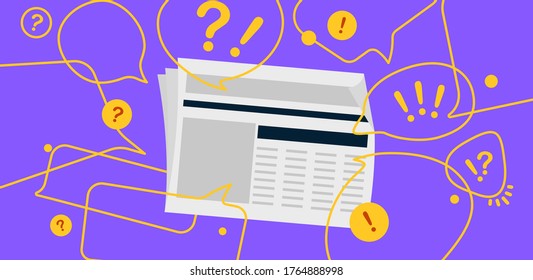 News update, flat vector design with modern elements isolated on bright violet background. Urgent news in printed media. Fresh newspaper with important information for people