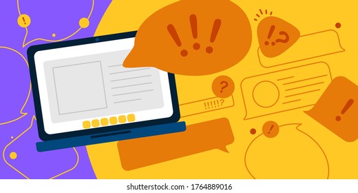 News update, flat vector design with modern elements isolated on bright contrast yellow and violet background. Urgent news in popular media. Laptop screen with important information for people