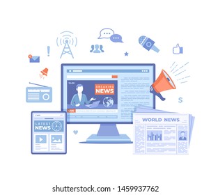 News Update, Online news. Breaking news website with broadcaster on the monitor and tablet screen, newspaper, radio. Information about events, activities, announcements. Vector illustration on white 