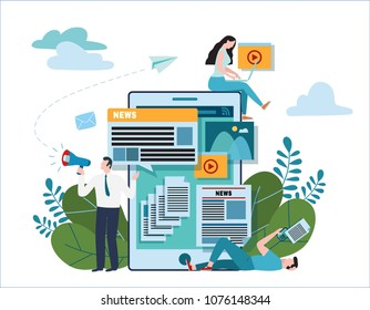 News Update Online Illustration Vector.
Newspaper Website Concept.
Announcements Internet Social Network.
Flat Cartoon Design For Banner Mobile And Web
Announcer Holding Megaphone