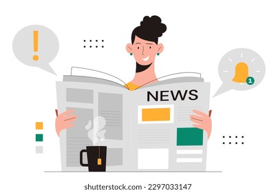 News updates concept. Woman reads newspaper and gets acquainted with information from mass media. Entertainment and politics, economy. Girl reads breaking news. Cartoon flat vector illustration