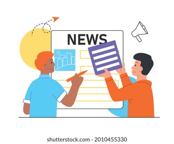 News updating concept. Men create a news newspaper, insert relevant information, articles and pictures. Information page on the website. Cartoon flat vector illustration isolated on a white background