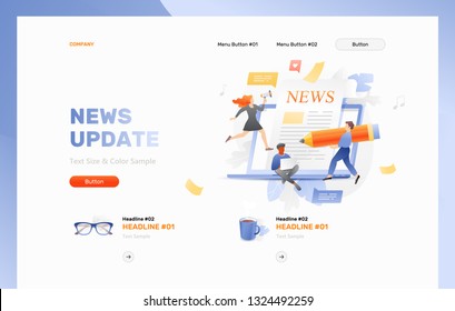 News updating. Website header template with little people characters over a big open laptop with newspaper sticking out of the screen. Vector concept of upcoming events, news, and announcements. 