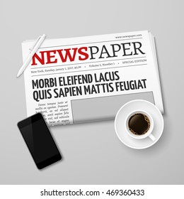News vector concept with newspaper, pan, coffee cup and smartphone. Morning and drink beverage illustration
