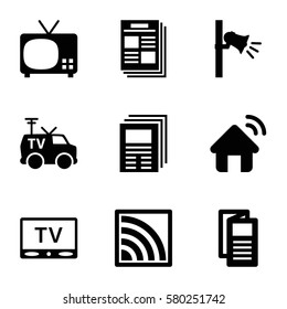 news vector icons. Set of 9 news filled icons such as news, TV van, megaphone, wi-fi, TV, house signal