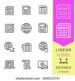 News vector icons set. Black illustration isolated for graphic and web design. Editable stroke. newspaper, globe, laptop, ets.