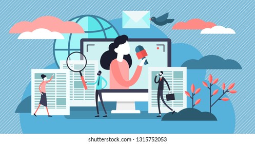 News vector illustration. Flat tiny TV and newsletter read persons concept. Business service to provide information using digital websites or paper press. Social broadcasting and journalism reports.