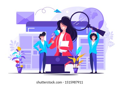 News vector illustration. Flat tiny TV and newsletter read persons concept. Business service to provide information using digital websites or paper press. Social broadcasting and journalism reports.