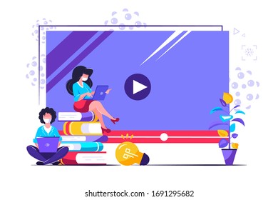 News vector illustration. Flat tiny TV and newsletter read persons concept. Business service to provide information using digital websites or paper press. Social broadcasting and journalism reports.