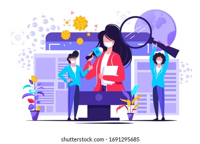 News vector illustration. Flat tiny TV and newsletter read persons concept. Business service to provide information using digital websites or paper press. Social broadcasting and journalism reports.