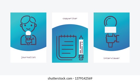 News vector journalist interviewer man character with microphone for interview copywriter notebook backdrop illustration set journalism occupation correspondent set background.