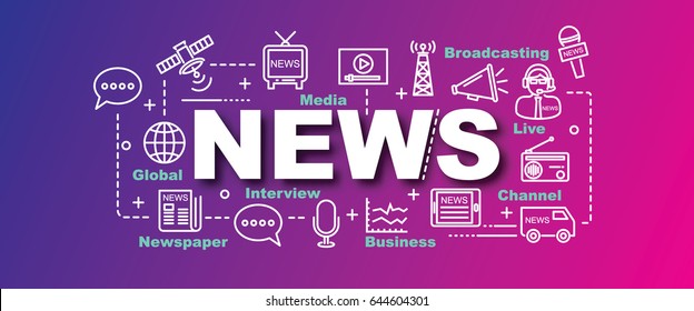 news vector trendy banner design concept, modern style with thin line art news icons on trendy colors background
