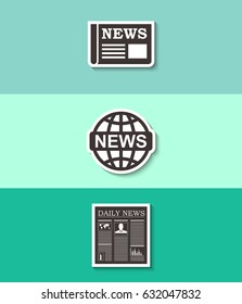 News vector and world globe icon. Three flat design icons. 