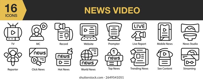 News Video icon set. Includes news, video, technology, media, tv, broadcast, and More. Outline icons vector collection.
