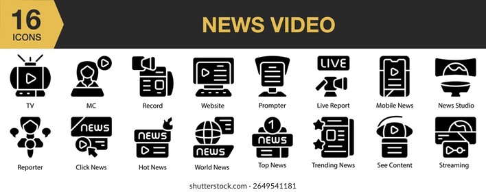 News Video solid icon set. Includes news, video, technology, media, tv, broadcast, and More. Solid icons vector collection.