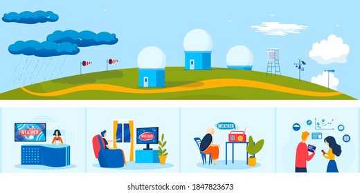 News Weather Meteorology Service Vector Illustration. Cartoon Flat People Watching Meteorologist Tv Radio Program Forecast, Meteorological Center Station With Weather Measuring Equipment Background