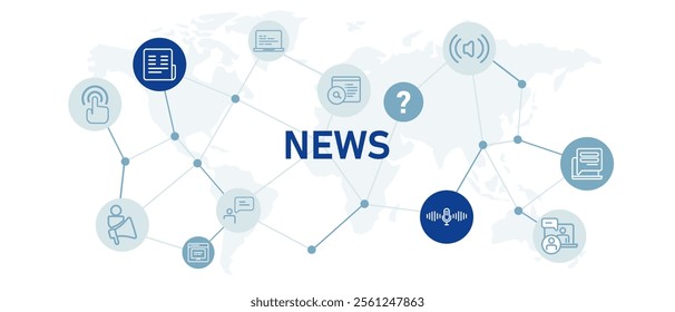 News website header banner featuring an outline set of icons representing magazine newspaper and media information including broadcasting and journalism design