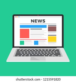 News Website On Laptop Screen. Online News. Modern Flat Design Vector Illustration