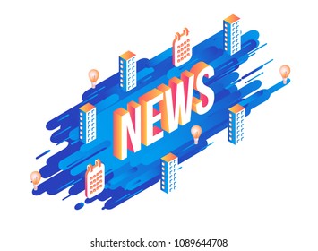 News word design - isometric letters and elements of office buildings, calendars and light bulbs on modern abstract gradient background with blue geometric shapes and stripes, vector illustration.