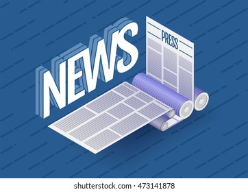 The news word next to offset printing machine during production newspaper or magazine. Vector illustration.