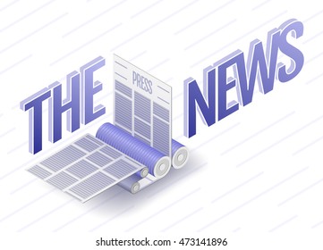 The news word and part of printing press. Vector illustration.