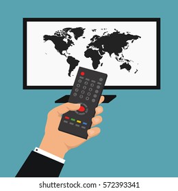  News of the world. Vector illustration with hand holding remote control.Vector smart tv concept