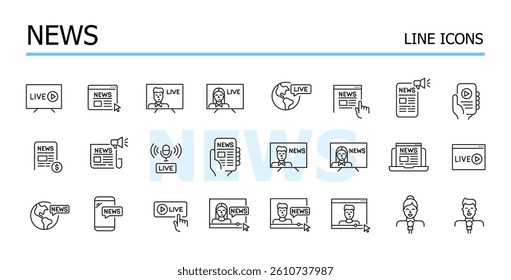 News, worldwide coverage. TV and print media, live streams and online. Vector icons set