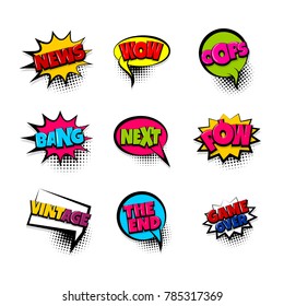 News Wow Oops Pow Bang. Pop Art Comic Text Phrase Set Collection. Colored Comics Book Label Sticker Funny Word. Vintage Halftone Speech Bubble Balloon Box. Colorful Chat Message Vector Illustration.