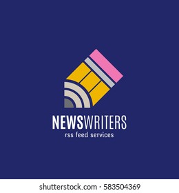 News Writers RSS Feed Services Abstract Vector Sign, Emblem or Logo Template. Creative Concept on Blue Background.