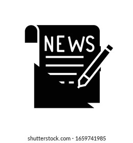 News writing black icon, concept illustration, vector flat symbol, glyph sign.