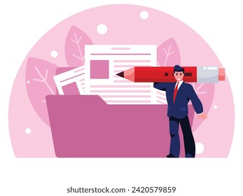 News writing. Businessman stands with a huge pencil. Business reporting. Accounting. Background with big folder with documents. Vector graphics