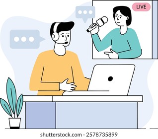 News-based podcasts concept, Covering stories from reporters point of view vector design, Podcast slice-of-life journalism scene, Web television series banner, vodcast audio blogging illustration