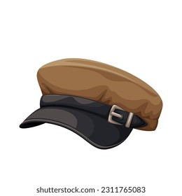 Newsboy cap vector illustration. Cartoon isolated fabric retro peaked hat with leather visor, stylish belt and buckle, vintage textile fashion flat cap, headgear for cold winter and autumn weather