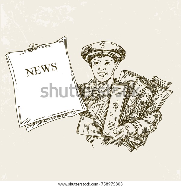 Newsboy Holds Newspaper News Engraving Style Stock Vector Royalty Free