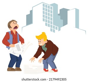 Newsboy holds out his paper for sale. Guy Selling Newspapers. Funny people. Illustration concept template for website, web landing page, banner, presentation, social, poster, promotion or print media.