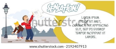 Newsboys holds out his paper for sale. Guy Selling Newspaper. Funny people. Illustration concept template for website, web landing page, banner, presentation, social, poster, promotion or print media.