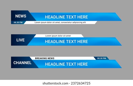 Newscast lower third banner vector. Set of lower third bar templates for breaking news, sports news on television, video and media online