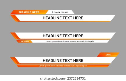 Newscast lower third banner vector. Set of lower third bar templates for breaking news, sports news on television, video and media online