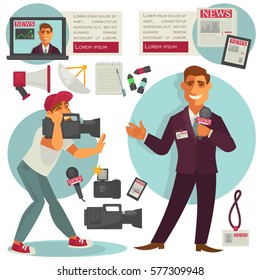 Newscaster or anchorman with microphone in hand and cameraman near. Media an television web vector concept signs of news on paper and in tablet, highlighters with notebook, badge and loudspeaker