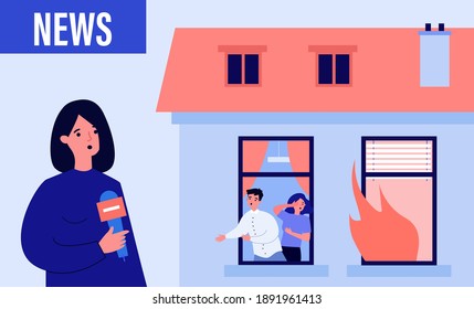 Newscaster reporting about building fire. People in danger, flame in window, reporter. Flat vector illustration. Broadcasting, accident concept for banner, website design or landing web page