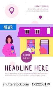 Nachrichtensprecher berichten über den Bau von Feuer. Menschen in Gefahr, Flamme im Fenster, Reporter. Flache Vektorgrafik. Rundfunk, Unfallkonzept für Banner, Website-Design oder Landing-Website
